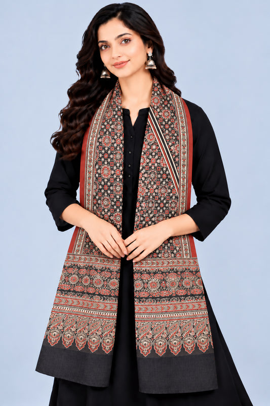 Ajrakh Mashru Silk Natural Dye Three Colour Print | 3 Kam | Screen Print Hand Printed Stole  - 2.1 Mtr Length   -  SKU : JH09A01P