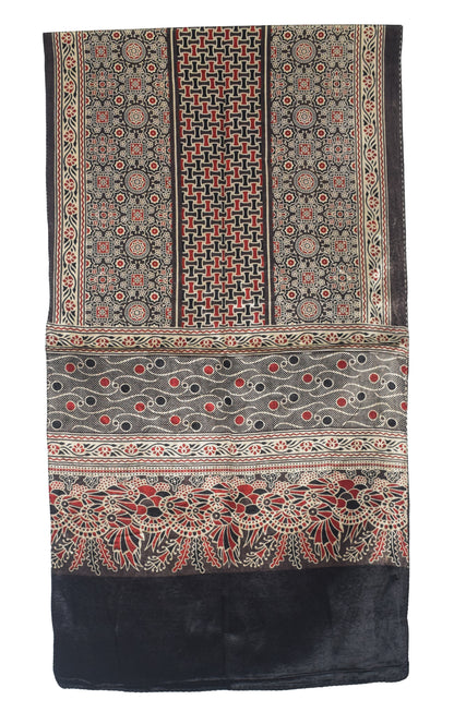 Ajrakh Mashru Silk Natural Dye Three Colour Print | 3 Kam | Screen Print Hand Printed Stole  - 2.1 Mtr Length   -  SKU : JH09A01U