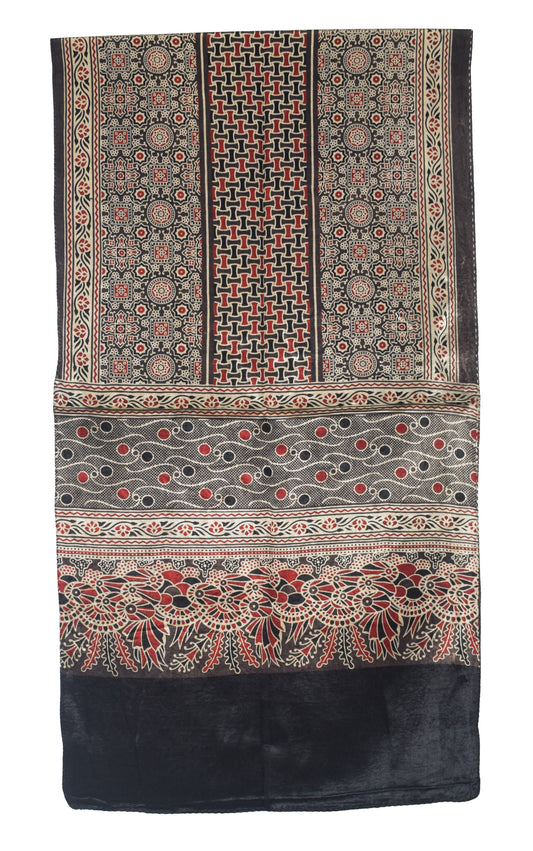 Ajrakh Mashru Silk Natural Dye Three Colour Print | 3 Kam | Screen Print Hand Printed Stole  - 2.1 Mtr Length   -  SKU : JH09A01U