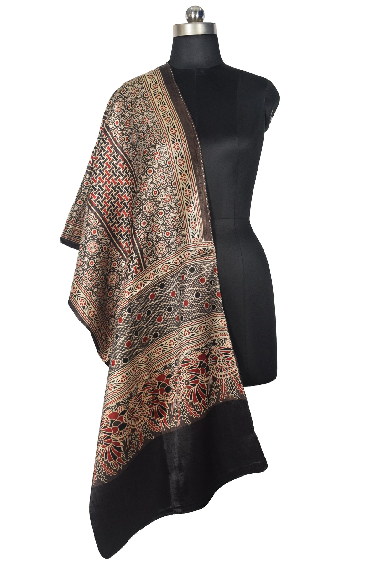 Ajrakh Mashru Silk Natural Dye Three Colour Print | 3 Kam | Screen Print Hand Printed Stole  - 2.1 Mtr Length   -  SKU : JH09A01U