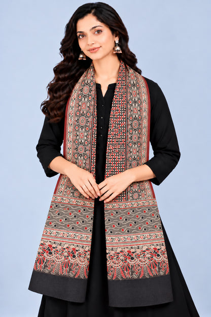 Ajrakh Mashru Silk Natural Dye Three Colour Print | 3 Kam | Screen Print Hand Printed Stole  - 2.1 Mtr Length   -  SKU : JH09A01U