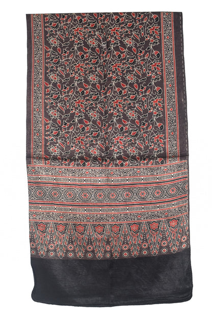 Ajrakh Mashru Silk Natural Dye Three Colour Print | 3 Kam | Screen Print Hand Printed Stole  - 2.1 Mtr Length   -  SKU : JH09A01Z