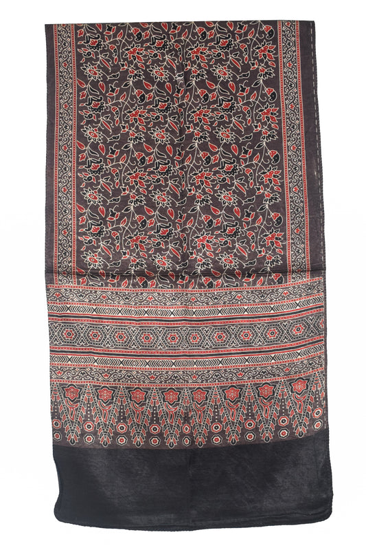 Ajrakh Mashru Silk Natural Dye Three Colour Print | 3 Kam | Screen Print Hand Printed Stole  - 2.1 Mtr Length   -  SKU : JH09A01Z