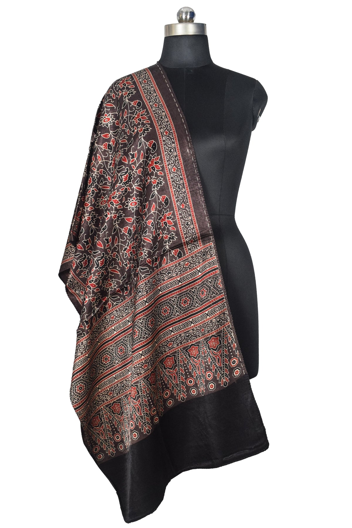 Ajrakh Mashru Silk Natural Dye Three Colour Print | 3 Kam | Screen Print Hand Printed Stole  - 2.1 Mtr Length   -  SKU : JH09A01Z