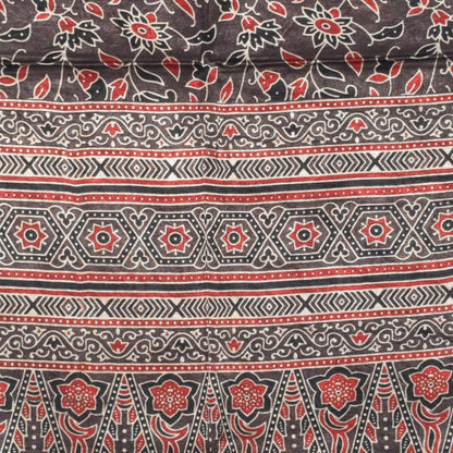 Ajrakh Mashru Silk Natural Dye Three Colour Print | 3 Kam | Screen Print Hand Printed Stole  - 2.1 Mtr Length   -  SKU : JH09A01Z