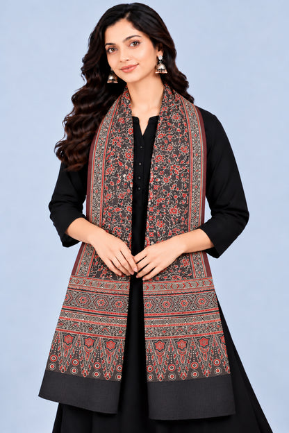 Ajrakh Mashru Silk Natural Dye Three Colour Print | 3 Kam | Screen Print Hand Printed Stole  - 2.1 Mtr Length   -  SKU : JH09A01Z