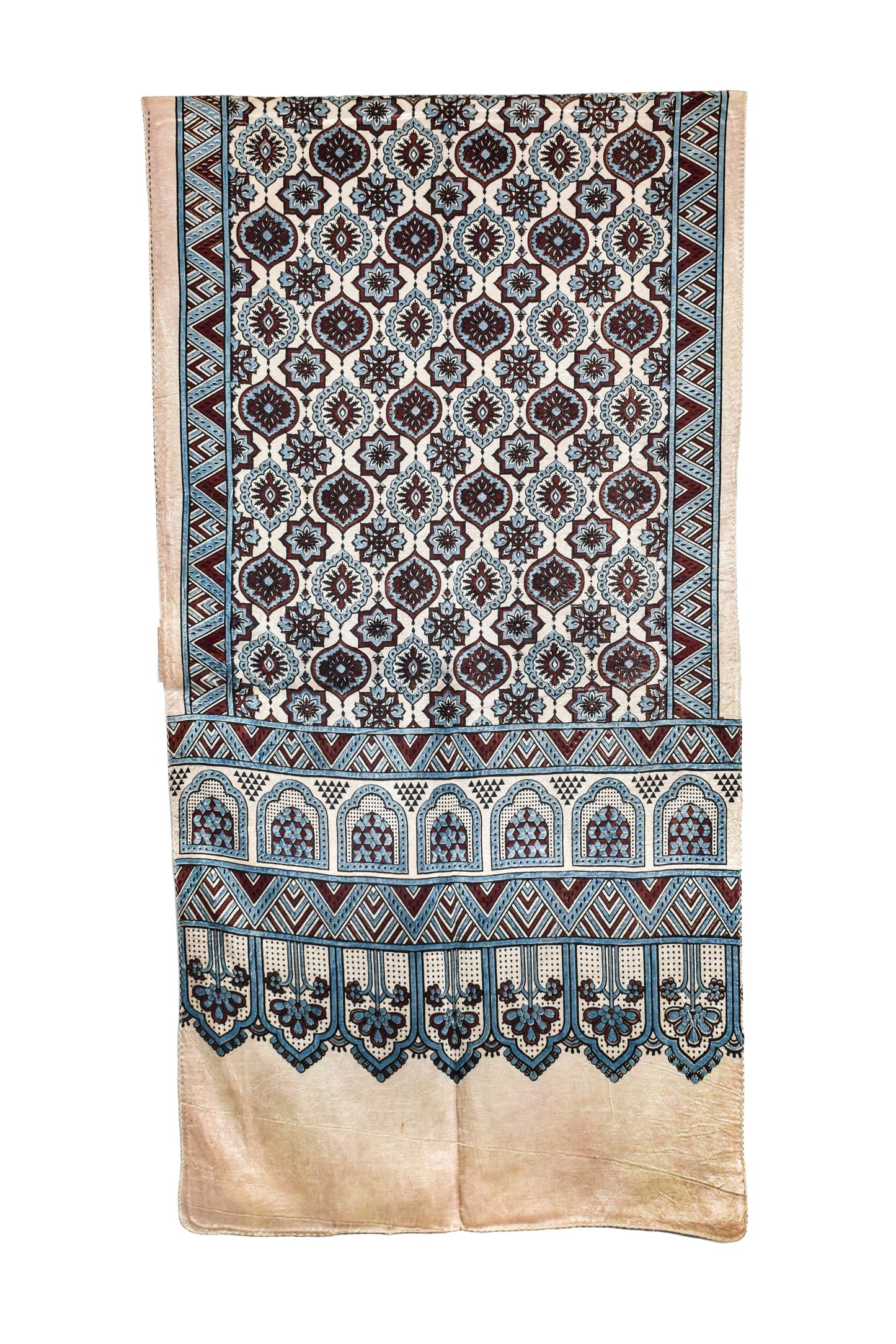 Ajrakh Mashru Silk Natural Dye Three Colour Print ( 3 Kam ) Screen Print Hand Printed Stole  - 2.1 Mtr Length    -  SKU : JH02C01A