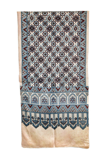 Ajrakh Mashru Silk Natural Dye Three Colour Print ( 3 Kam ) Screen Print Hand Printed Stole  - 2.1 Mtr Length    -  SKU : JH02C01A