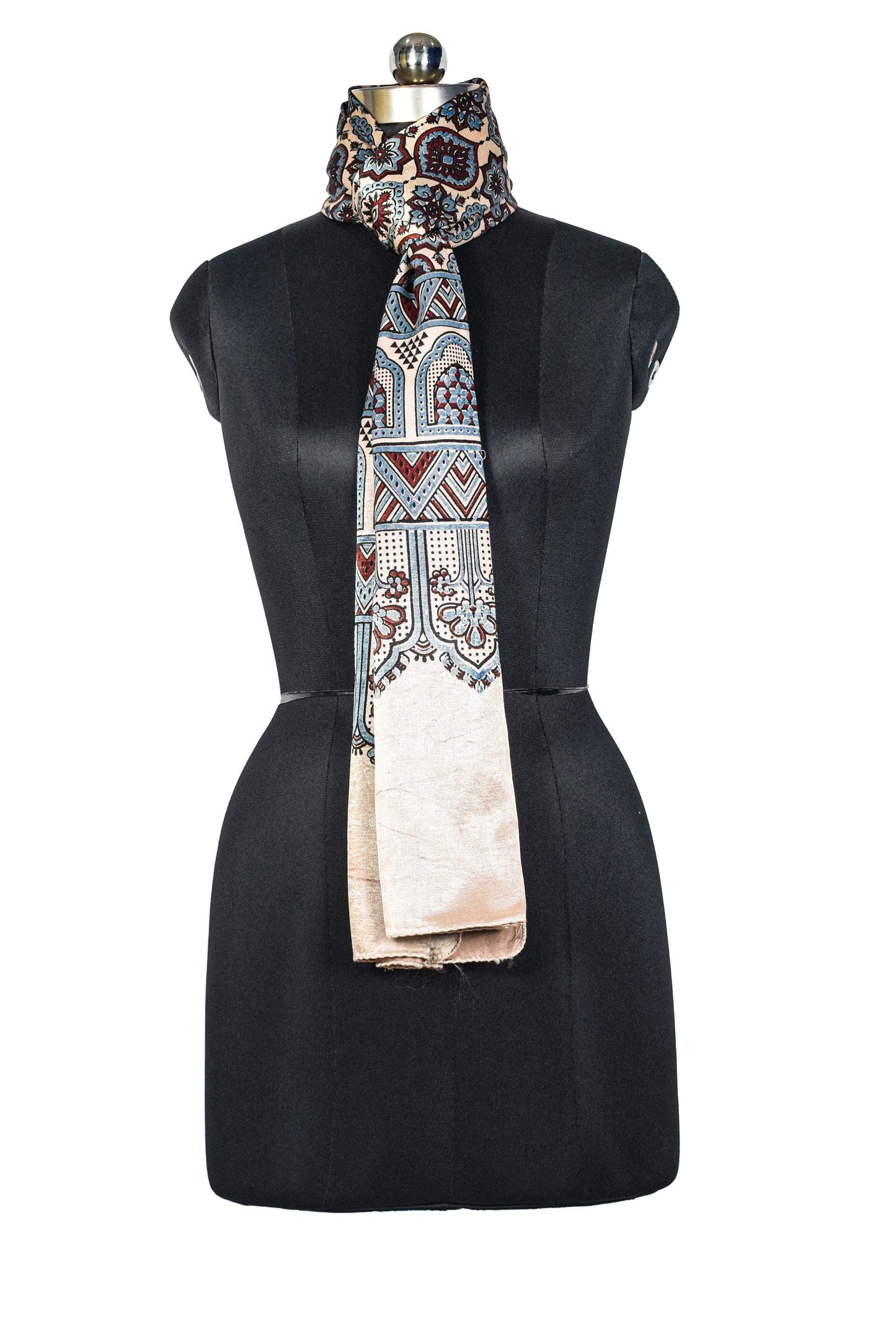 Ajrakh Mashru Silk Natural Dye Three Colour Print ( 3 Kam ) Screen Print Hand Printed Stole  - 2.1 Mtr Length    -  SKU : JH02C01A