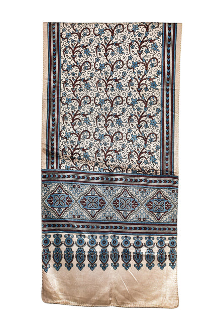 Ajrakh Mashru Silk Natural Dye Three Colour Print ( 3 Kam ) Screen Print Hand Printed Stole  - 2.1 Mtr Length    -  SKU : JH02C01J