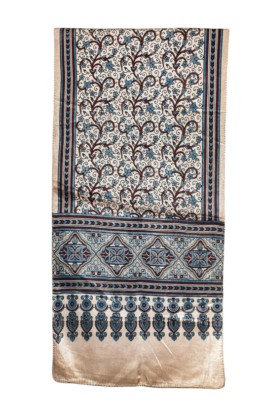 Ajrakh Mashru Silk Natural Dye Three Colour Print ( 3 Kam ) Screen Print Hand Printed Stole  - 2.1 Mtr Length    -  SKU : JH02C01J