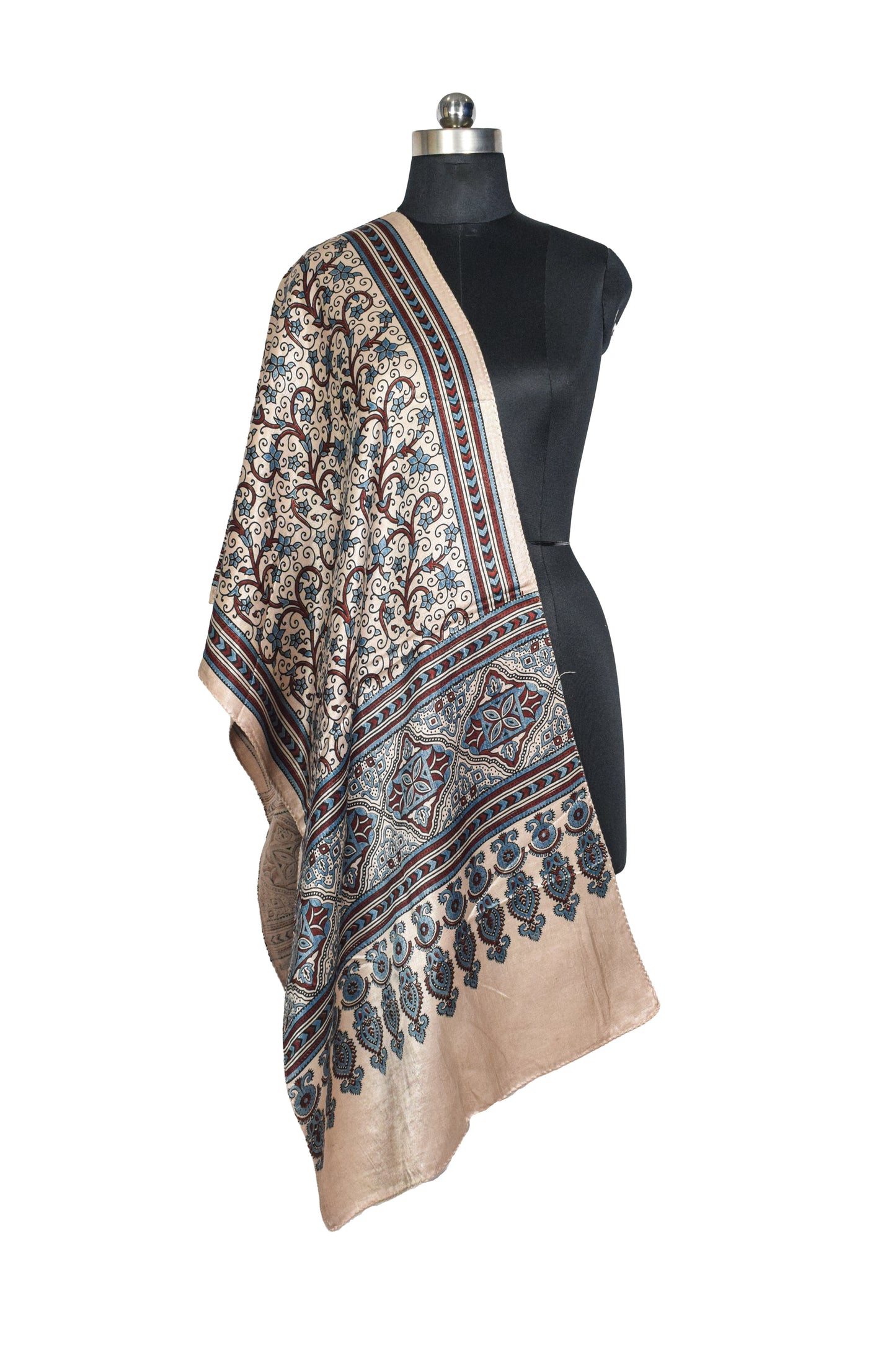 Ajrakh Mashru Silk Natural Dye Three Colour Print ( 3 Kam ) Screen Print Hand Printed Stole  - 2.1 Mtr Length    -  SKU : JH02C01J