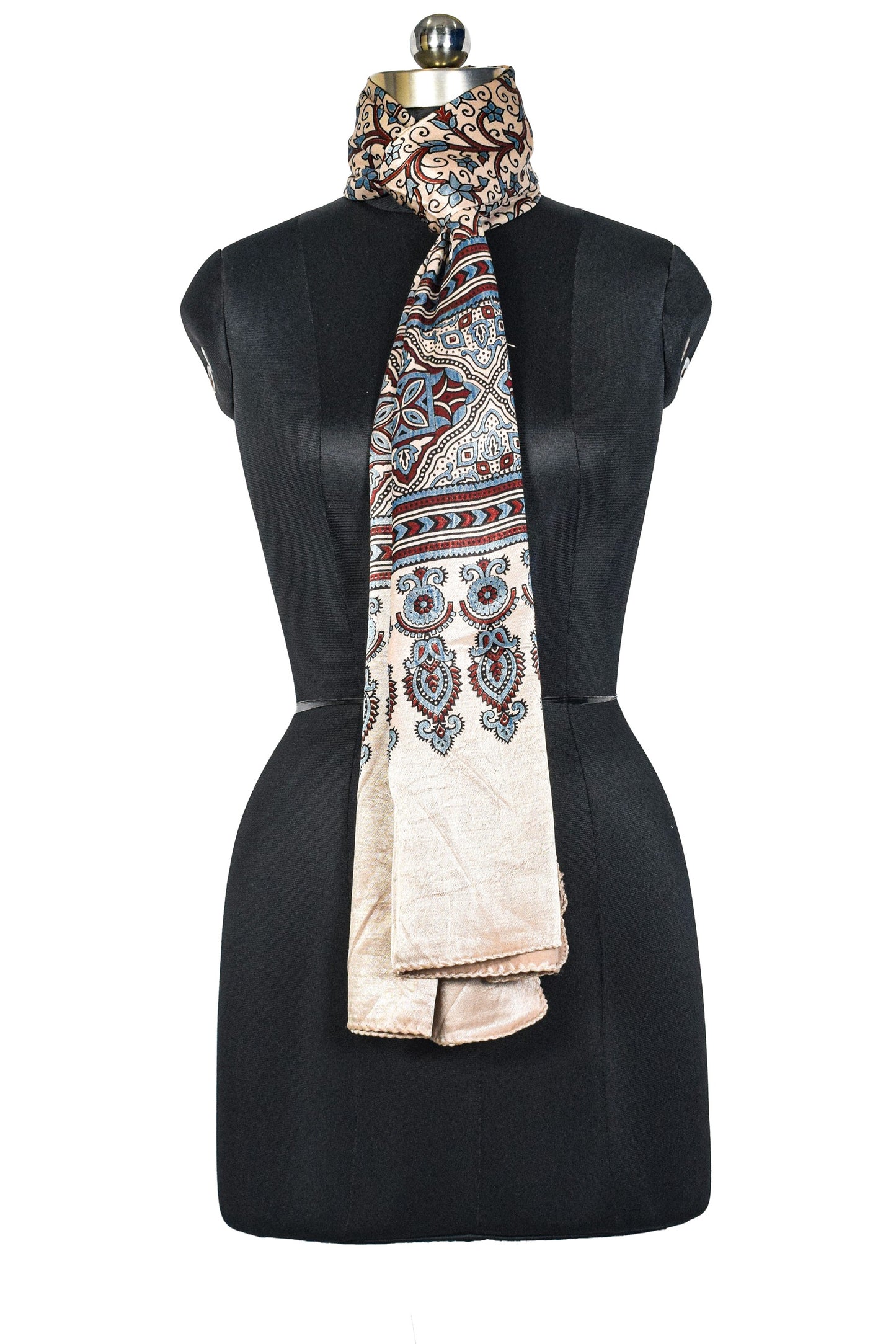 Ajrakh Mashru Silk Natural Dye Three Colour Print ( 3 Kam ) Screen Print Hand Printed Stole  - 2.1 Mtr Length    -  SKU : JH02C01J