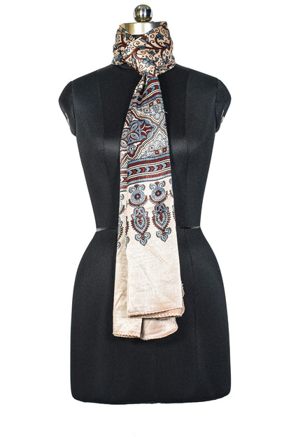 Ajrakh Mashru Silk Natural Dye Three Colour Print ( 3 Kam ) Screen Print Hand Printed Stole  - 2.1 Mtr Length    -  SKU : JH02C01J