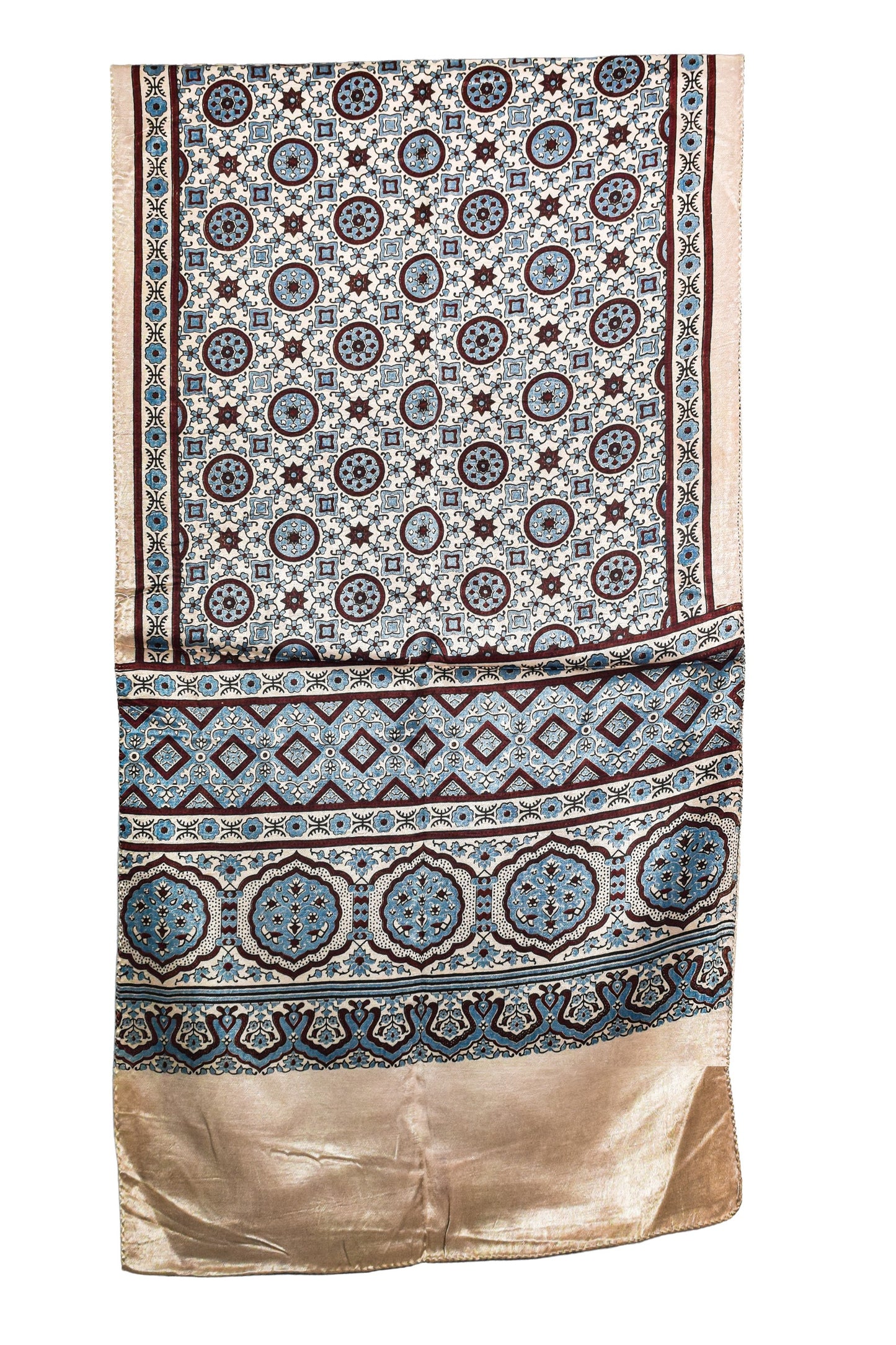 Ajrakh Mashru Silk Natural Dye Three Colour Print ( 3 Kam ) Screen Print Hand Printed Stole  - 2.1 Mtr Length    -  SKU : JH02C01W