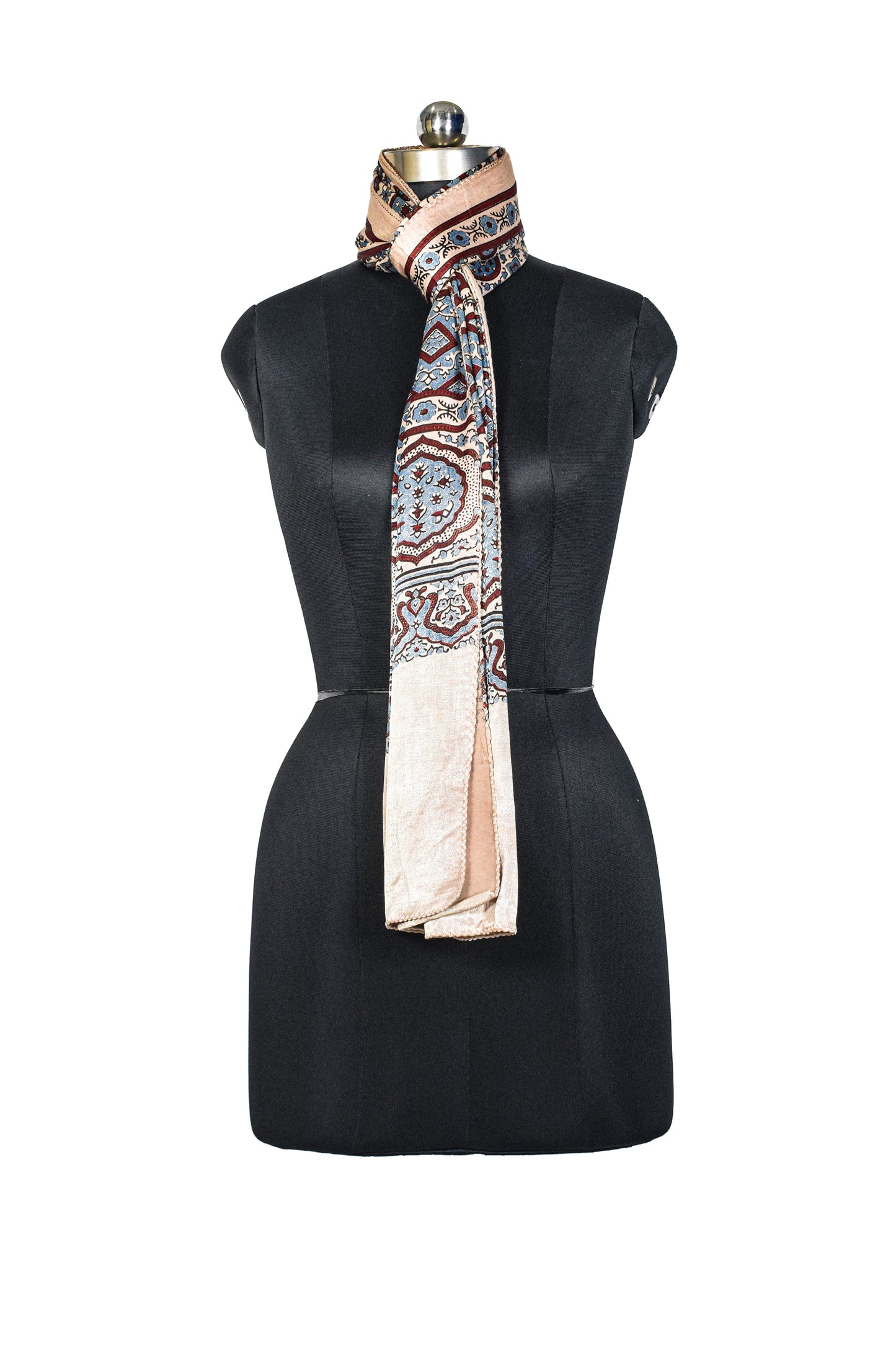 Ajrakh Mashru Silk Natural Dye Three Colour Print ( 3 Kam ) Screen Print Hand Printed Stole  - 2.1 Mtr Length    -  SKU : JH02C01W