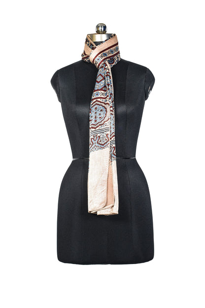 Ajrakh Mashru Silk Natural Dye Three Colour Print ( 3 Kam ) Screen Print Hand Printed Stole  - 2.1 Mtr Length    -  SKU : JH02C01W