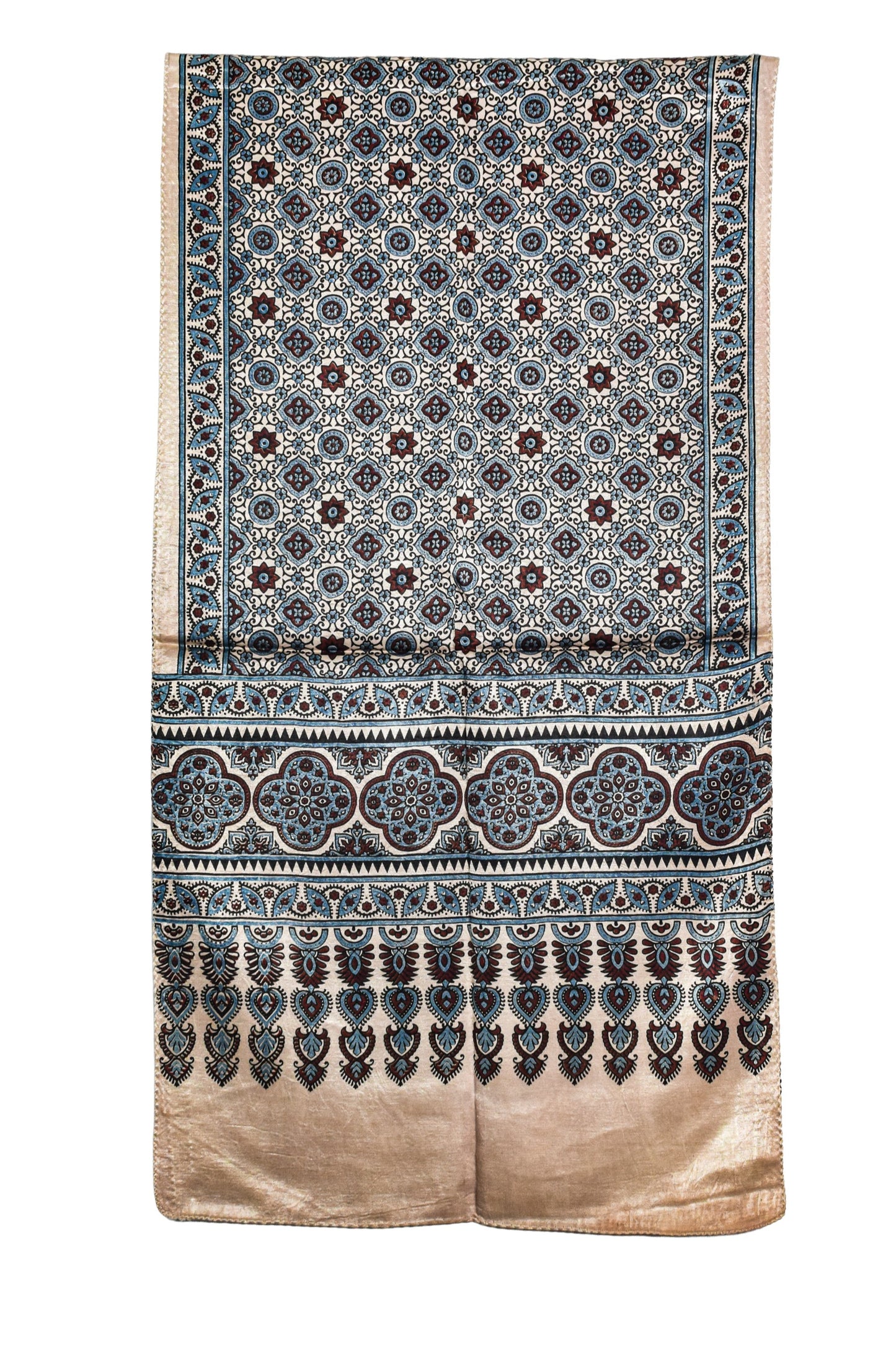 Ajrakh Mashru Silk Natural Dye Three Colour Print ( 3 Kam ) Screen Print Hand Printed Stole  - 2.1 Mtr Length    -  SKU : JH02C01X