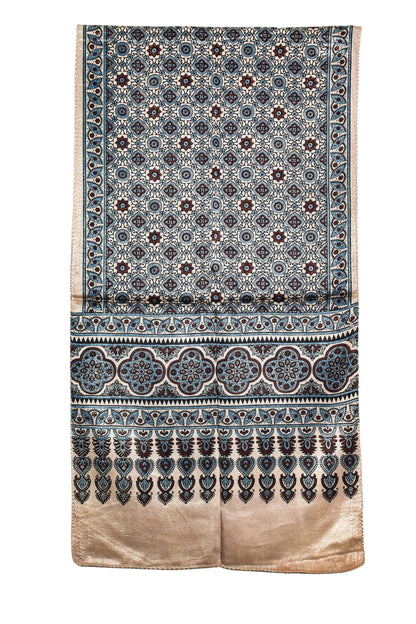 Ajrakh Mashru Silk Natural Dye Three Colour Print ( 3 Kam ) Screen Print Hand Printed Stole  - 2.1 Mtr Length    -  SKU : JH02C01X
