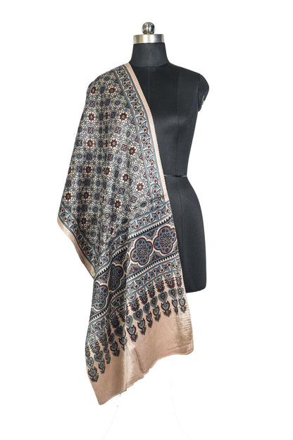 Ajrakh Mashru Silk Natural Dye Three Colour Print ( 3 Kam ) Screen Print Hand Printed Stole  - 2.1 Mtr Length    -  SKU : JH02C01X
