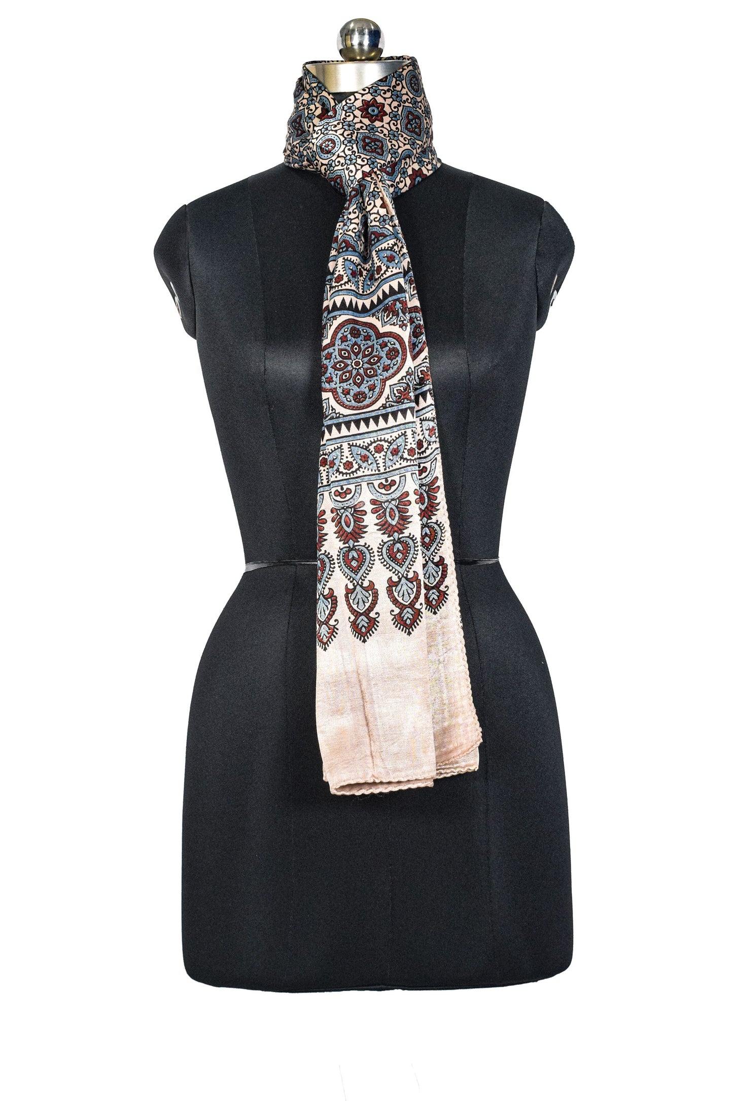 Ajrakh Mashru Silk Natural Dye Three Colour Print ( 3 Kam ) Screen Print Hand Printed Stole  - 2.1 Mtr Length    -  SKU : JH02C01X