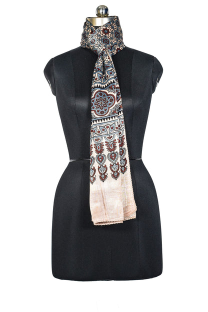 Ajrakh Mashru Silk Natural Dye Three Colour Print ( 3 Kam ) Screen Print Hand Printed Stole  - 2.1 Mtr Length    -  SKU : JH02C01X