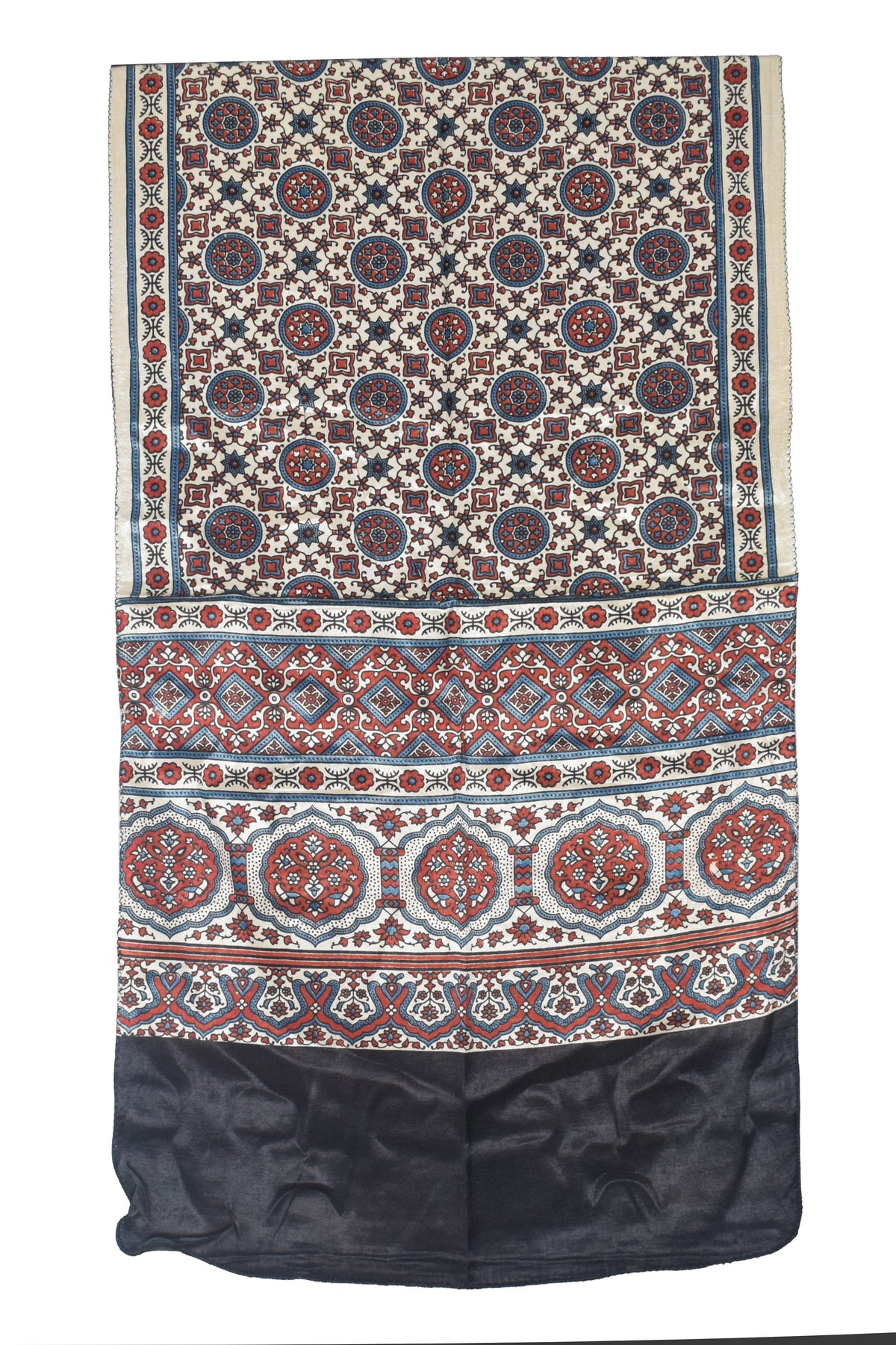 Ajrakh Mashru Silk Natural Dye Three Colour Print | 3 Kam | Screen Print Hand Printed Stole  - 2.1 Mtr Length   -  SKU : JH09A01D