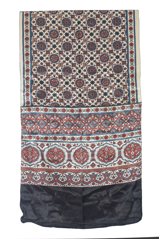 Ajrakh Mashru Silk Natural Dye Three Colour Print | 3 Kam | Screen Print Hand Printed Stole  - 2.1 Mtr Length   -  SKU : JH09A01D