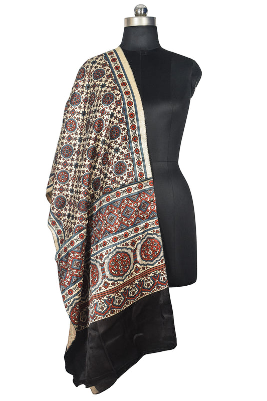 Ajrakh Mashru Silk Natural Dye Three Colour Print | 3 Kam | Screen Print Hand Printed Stole  - 2.1 Mtr Length   -  SKU : JH09A01D