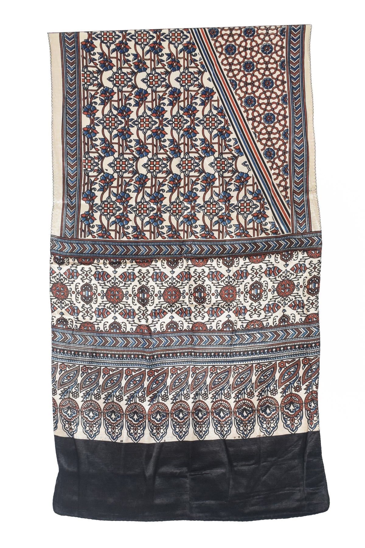 Ajrakh Mashru Silk Natural Dye Three Colour Print | 3 Kam | Screen Print Hand Printed Stole  - 2.1 Mtr Length   -  SKU : JH09A01H