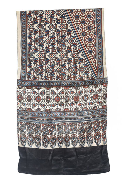 Ajrakh Mashru Silk Natural Dye Three Colour Print | 3 Kam | Screen Print Hand Printed Stole  - 2.1 Mtr Length   -  SKU : JH09A01H