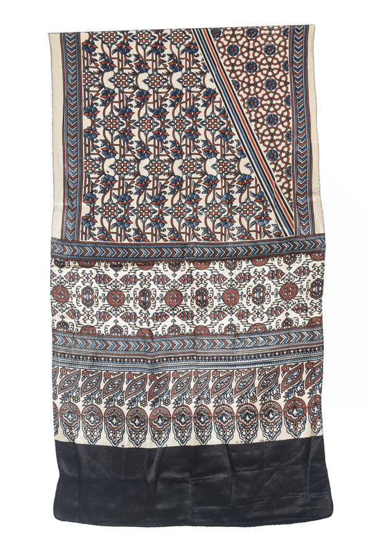 Ajrakh Mashru Silk Natural Dye Three Colour Print | 3 Kam | Screen Print Hand Printed Stole  - 2.1 Mtr Length   -  SKU : JH09A01H