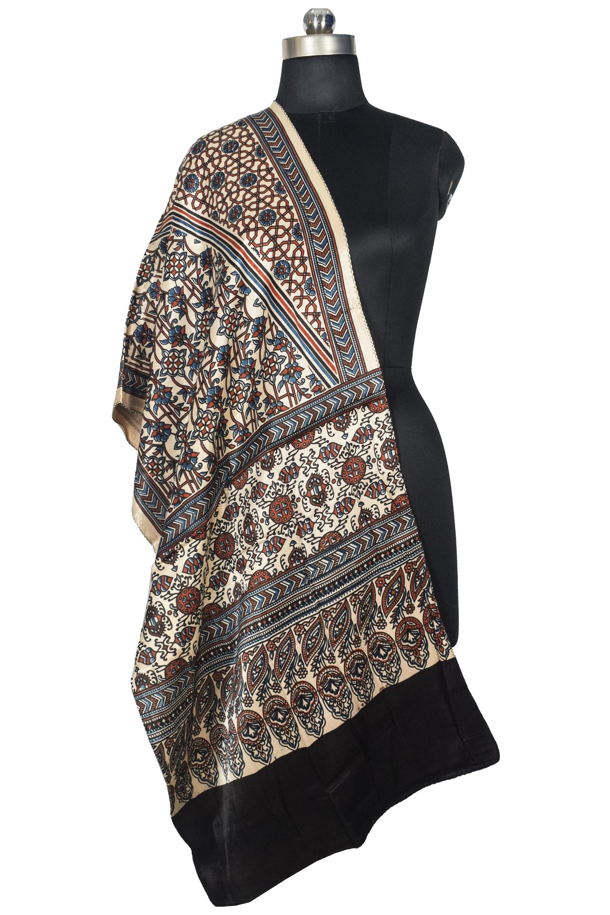 Ajrakh Mashru Silk Natural Dye Three Colour Print | 3 Kam | Screen Print Hand Printed Stole  - 2.1 Mtr Length   -  SKU : JH09A01H