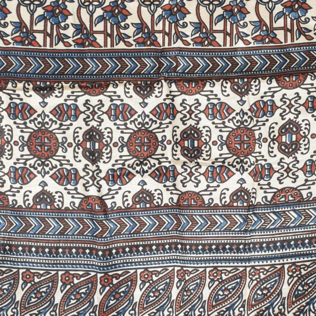 Ajrakh Mashru Silk Natural Dye Three Colour Print | 3 Kam | Screen Print Hand Printed Stole  - 2.1 Mtr Length   -  SKU : JH09A01H