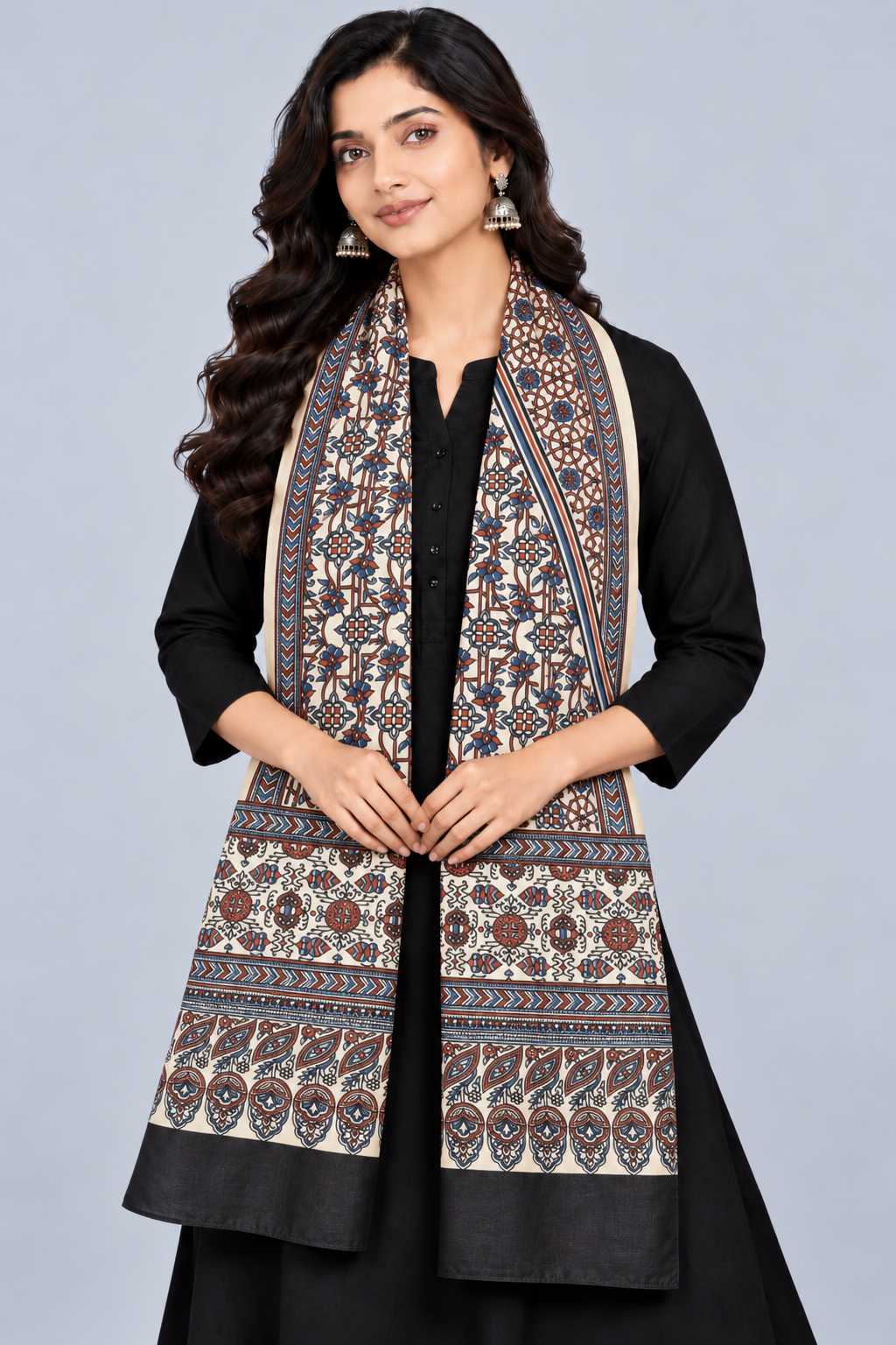 Ajrakh Mashru Silk Natural Dye Three Colour Print | 3 Kam | Screen Print Hand Printed Stole  - 2.1 Mtr Length   -  SKU : JH09A01H