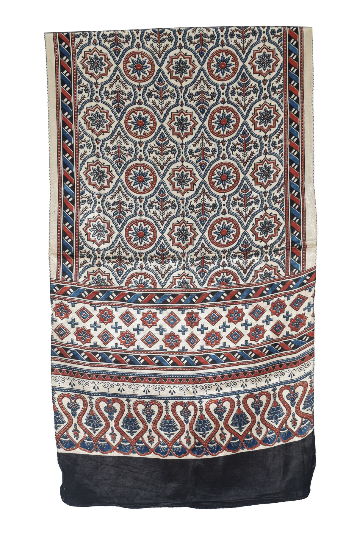 Ajrakh Mashru Silk Natural Dye Three Colour Print | 3 Kam | Screen Print Hand Printed Stole  - 2.1 Mtr Length   -  SKU : JH09A01M