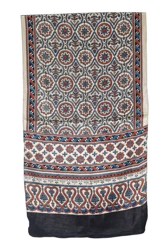 Ajrakh Mashru Silk Natural Dye Three Colour Print | 3 Kam | Screen Print Hand Printed Stole  - 2.1 Mtr Length   -  SKU : JH09A01M