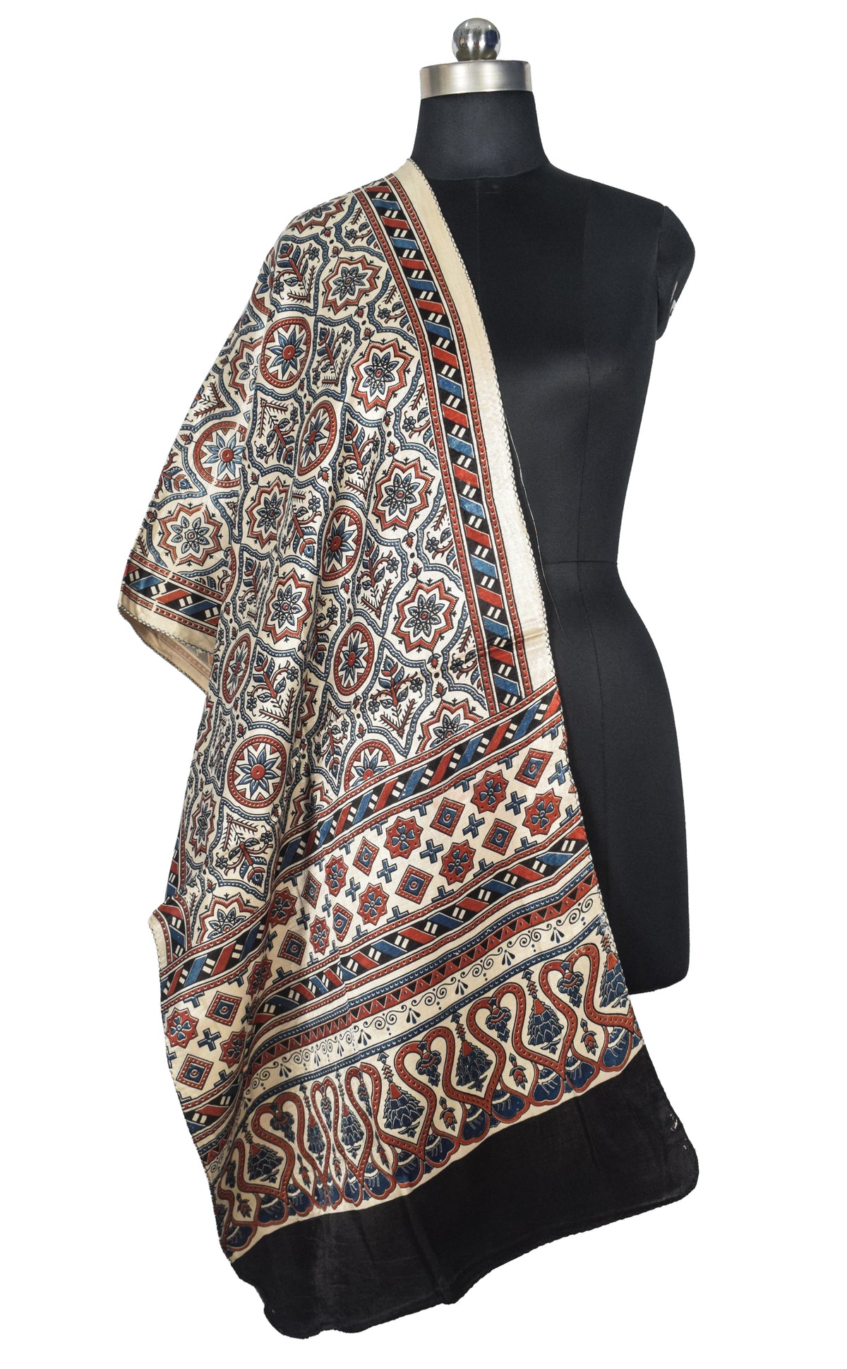 Ajrakh Mashru Silk Natural Dye Three Colour Print | 3 Kam | Screen Print Hand Printed Stole  - 2.1 Mtr Length   -  SKU : JH09A01M