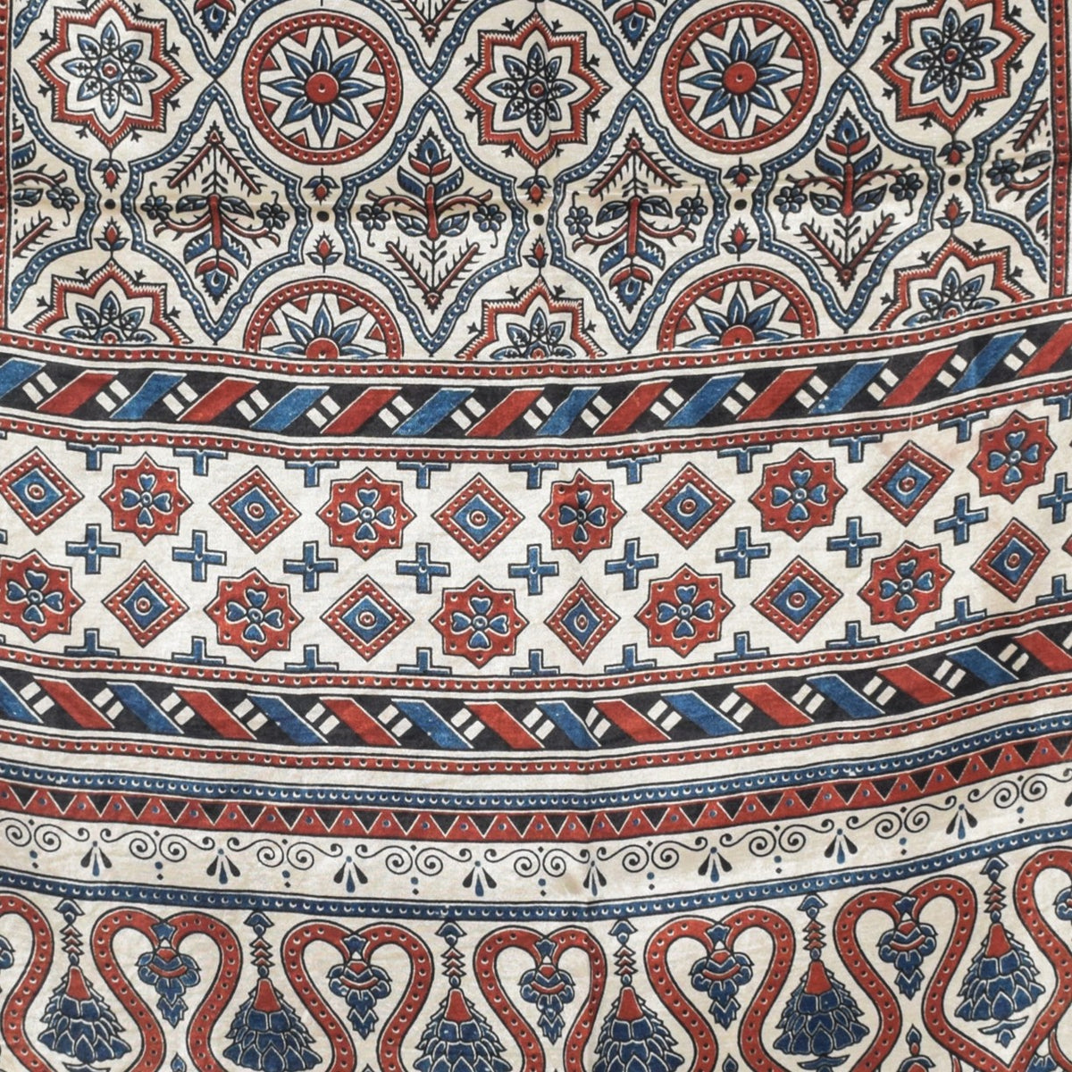Ajrakh Mashru Silk Natural Dye Three Colour Print | 3 Kam | Screen Print Hand Printed Stole  - 2.1 Mtr Length   -  SKU : JH09A01M