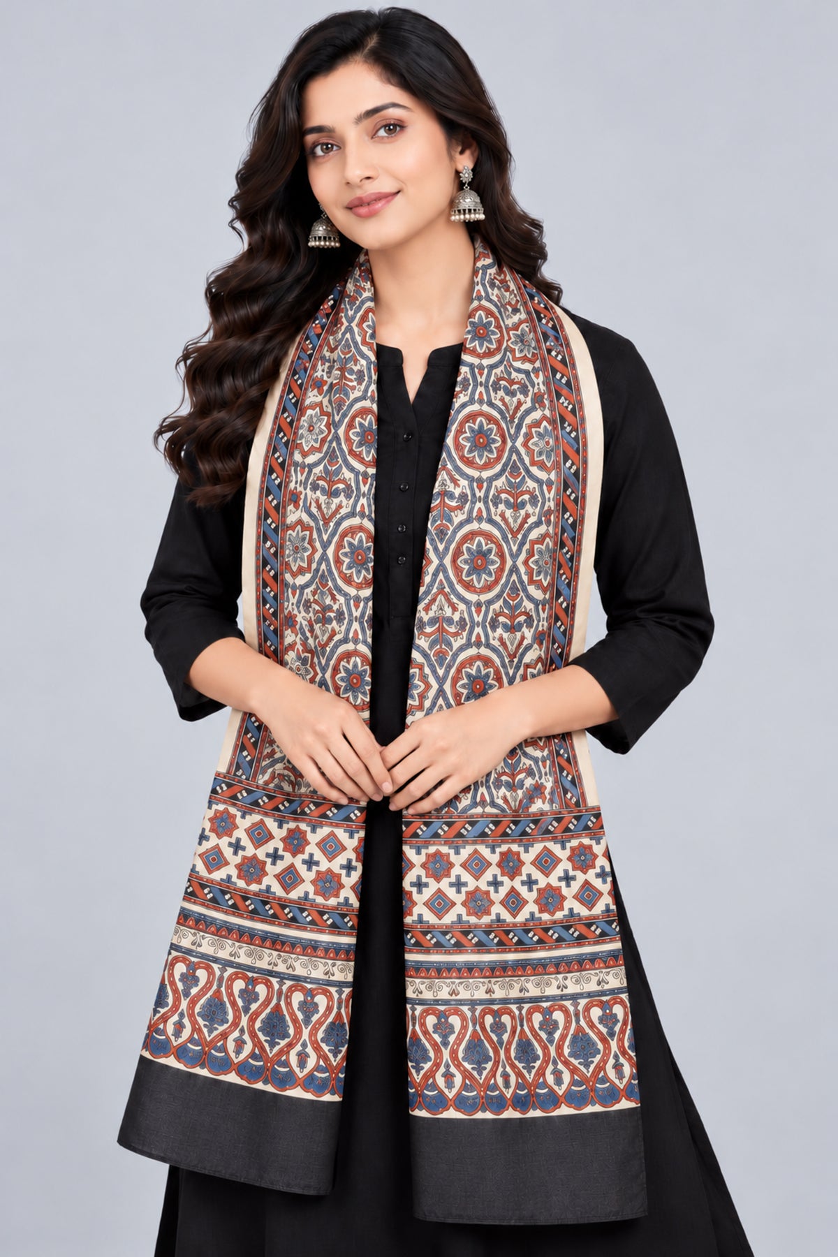 Ajrakh Mashru Silk Natural Dye Three Colour Print | 3 Kam | Screen Print Hand Printed Stole  - 2.1 Mtr Length   -  SKU : JH09A01M