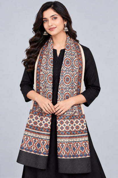 Ajrakh Mashru Silk Natural Dye Three Colour Print | 3 Kam | Screen Print Hand Printed Stole  - 2.1 Mtr Length   -  SKU : JH09A01M