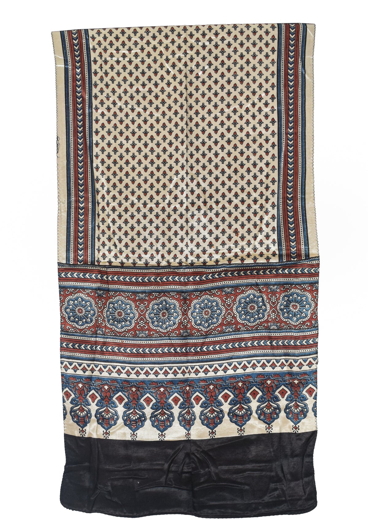 Ajrakh Mashru Silk Natural Dye Three Colour Print | 3 Kam | Screen Print Hand Printed Stole  - 2.1 Mtr Length   -  SKU : JH09A01R