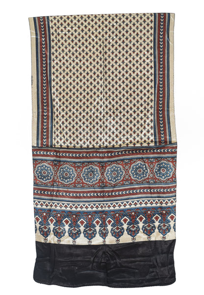 Ajrakh Mashru Silk Natural Dye Three Colour Print | 3 Kam | Screen Print Hand Printed Stole  - 2.1 Mtr Length   -  SKU : JH09A01R