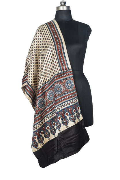 Ajrakh Mashru Silk Natural Dye Three Colour Print | 3 Kam | Screen Print Hand Printed Stole  - 2.1 Mtr Length   -  SKU : JH09A01R