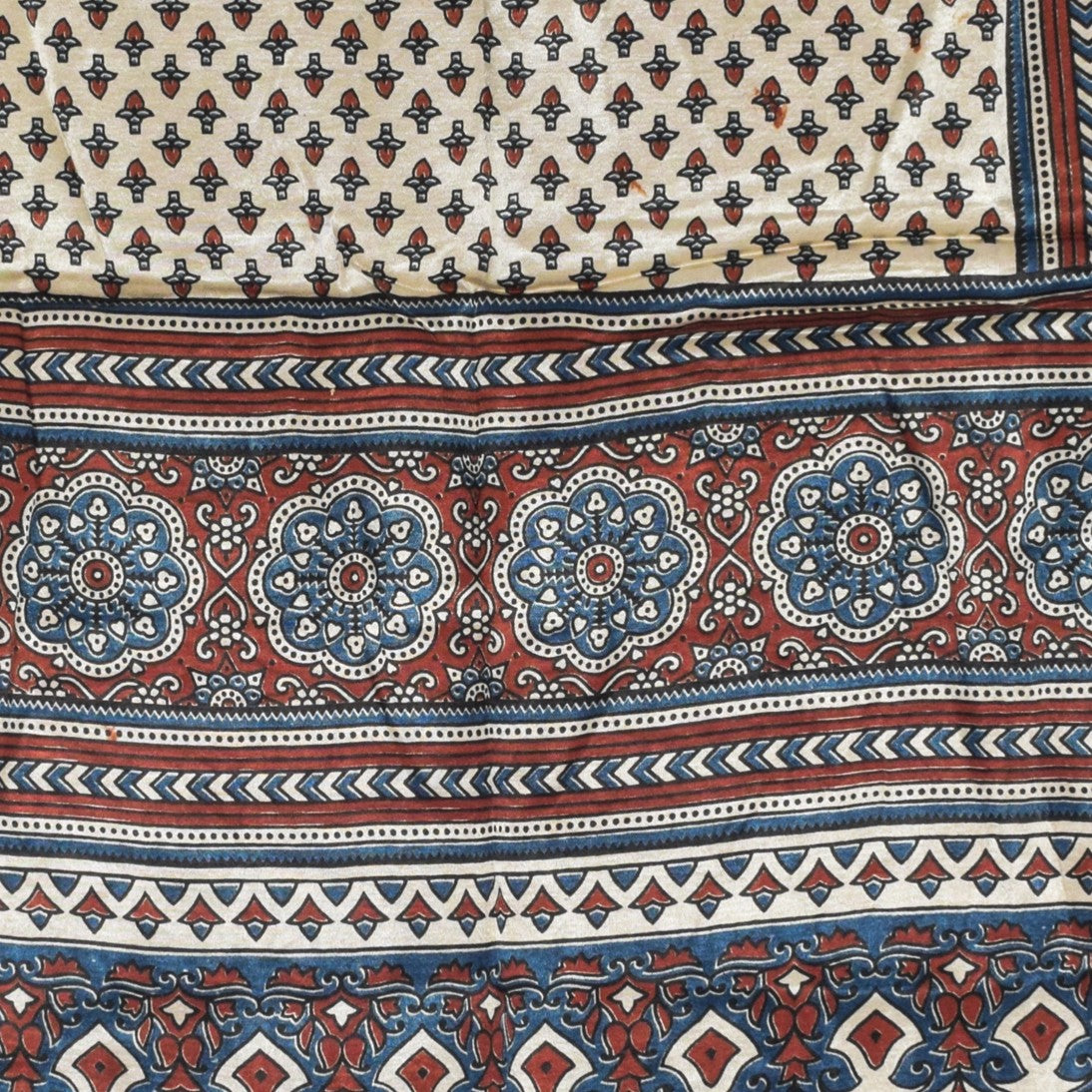 Ajrakh Mashru Silk Natural Dye Three Colour Print | 3 Kam | Screen Print Hand Printed Stole  - 2.1 Mtr Length   -  SKU : JH09A01R