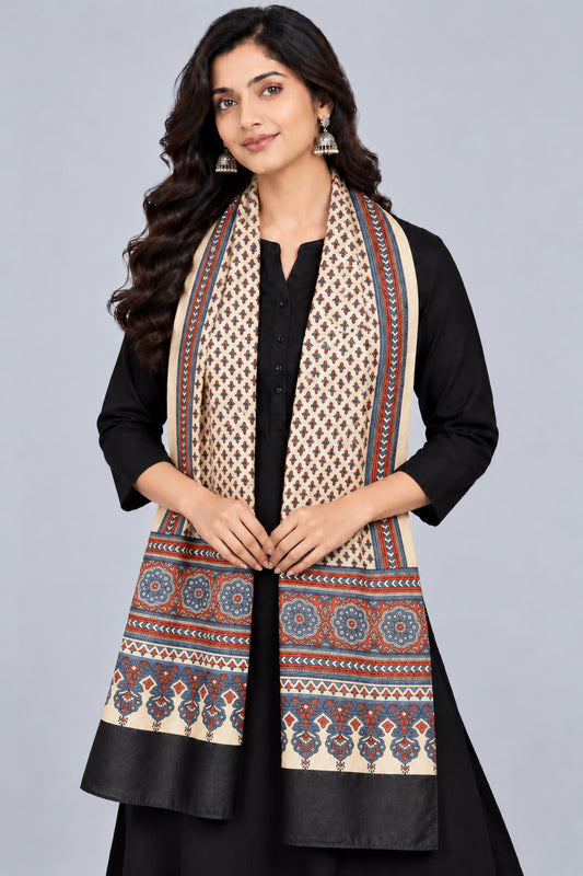 Ajrakh Mashru Silk Natural Dye Three Colour Print | 3 Kam | Screen Print Hand Printed Stole  - 2.1 Mtr Length   -  SKU : JH09A01R