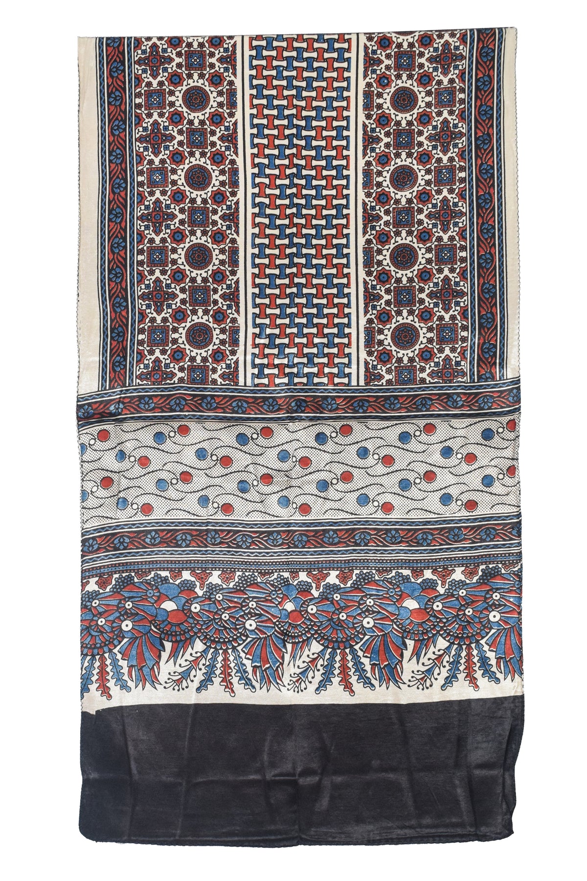 Ajrakh Mashru Silk Natural Dye Three Colour Print | 3 Kam | Screen Print Hand Printed Stole  - 2.1 Mtr Length   -  SKU : JH09A01W