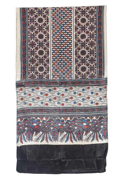 Ajrakh Mashru Silk Natural Dye Three Colour Print | 3 Kam | Screen Print Hand Printed Stole  - 2.1 Mtr Length   -  SKU : JH09A01W