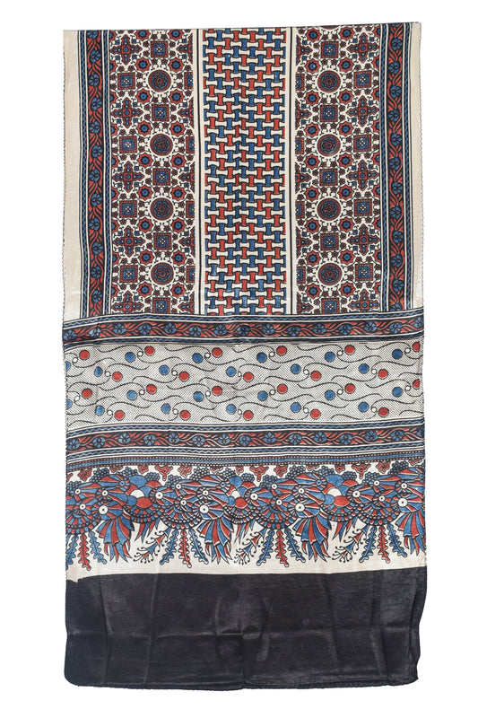 Ajrakh Mashru Silk Natural Dye Three Colour Print | 3 Kam | Screen Print Hand Printed Stole  - 2.1 Mtr Length   -  SKU : JH09A01W