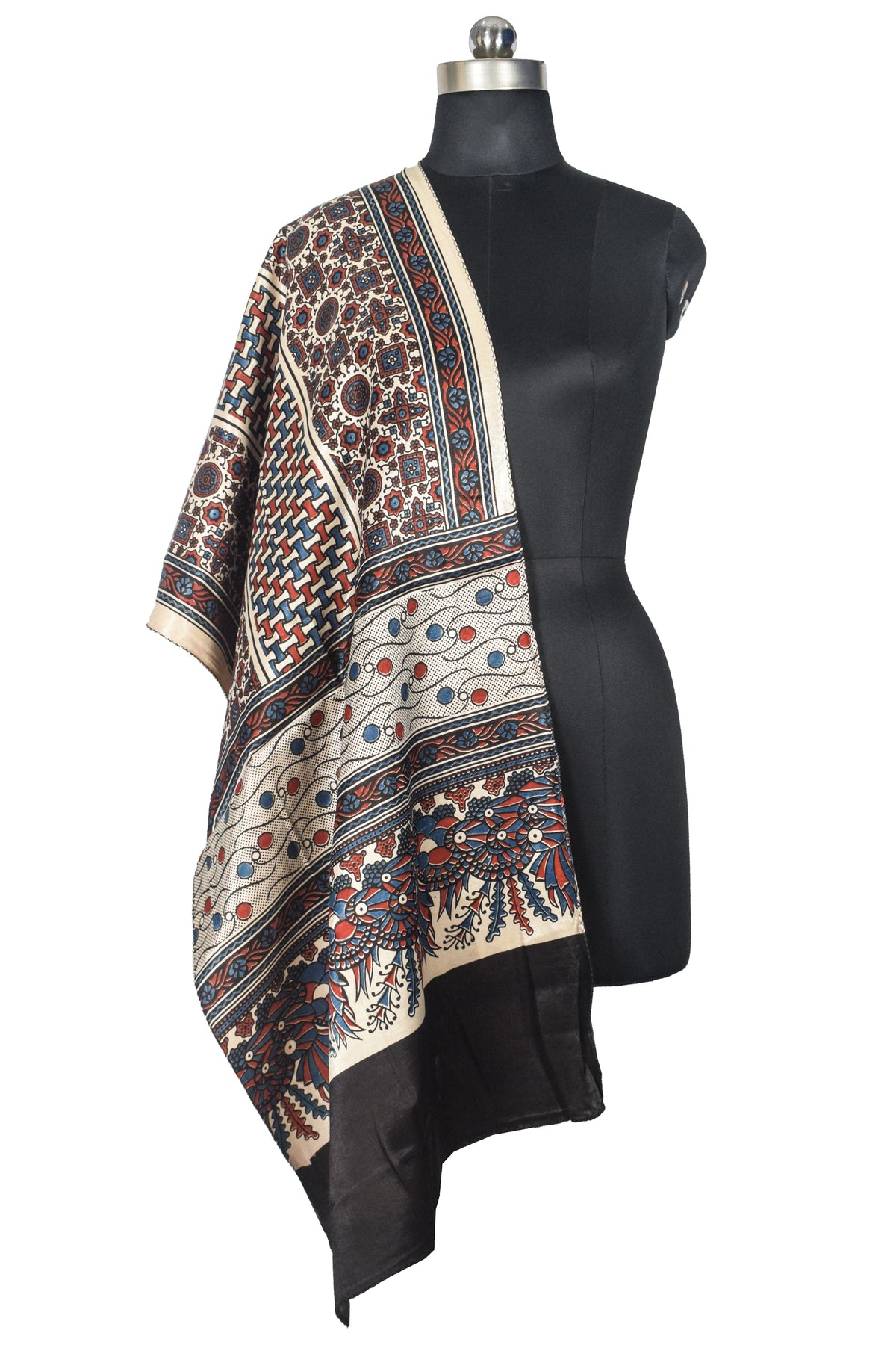 Ajrakh Mashru Silk Natural Dye Three Colour Print | 3 Kam | Screen Print Hand Printed Stole  - 2.1 Mtr Length   -  SKU : JH09A01W